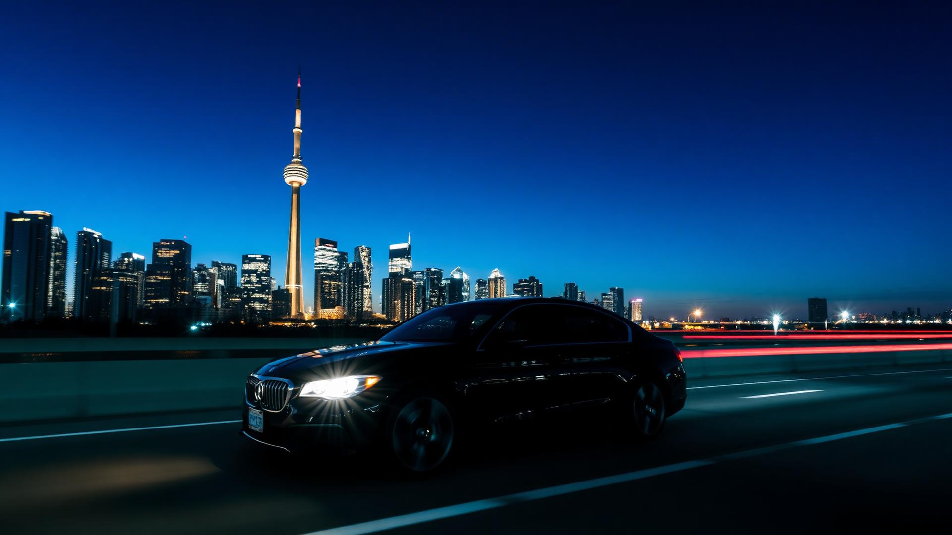 Premium black sedan on a Toronto expressway at night with the city skyline in the background