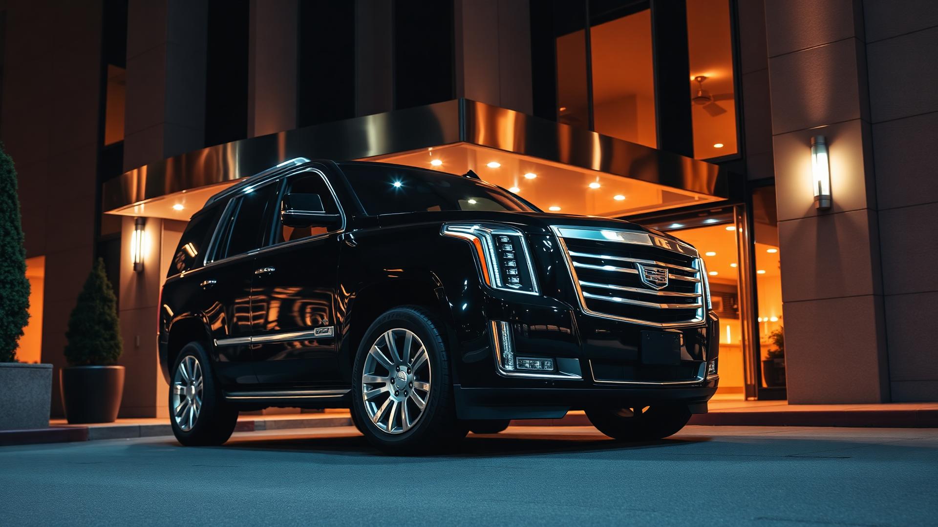 Premium black luxury vehicle at a hotel entrance at night