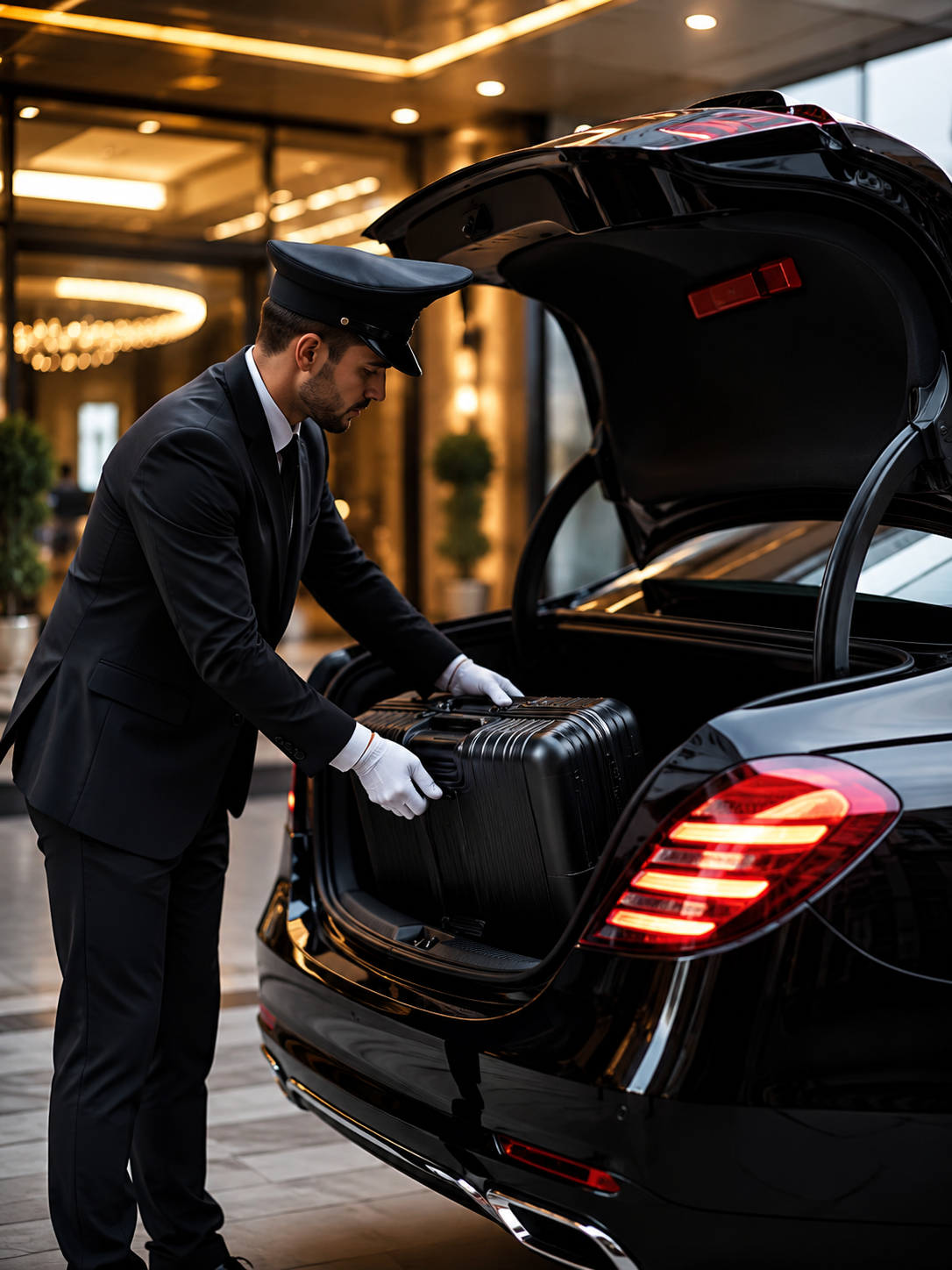 Professional chauffeur loading luggage into a luxury airport taxi before a Toronto Pearson Airport transfer.
