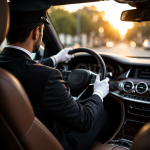 Professional chauffeur driving a luxury airport taxi to Toronto Pearson Airport.